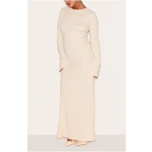 PrettyLittleThing Women's Cream Crinkle Textured Lettuce Hem Maxi Dress NWT 14